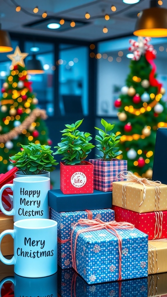 Thoughtful Christmas Gift Ideas for Coworkers A collection of Christmas gifts for coworkers including mugs, plants, and gift boxes in a festive office setting.